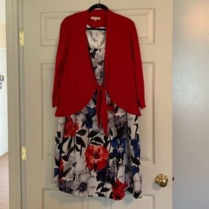 Red white and blue floral sleeveless dress zipper back w/red long sleeve shrug.